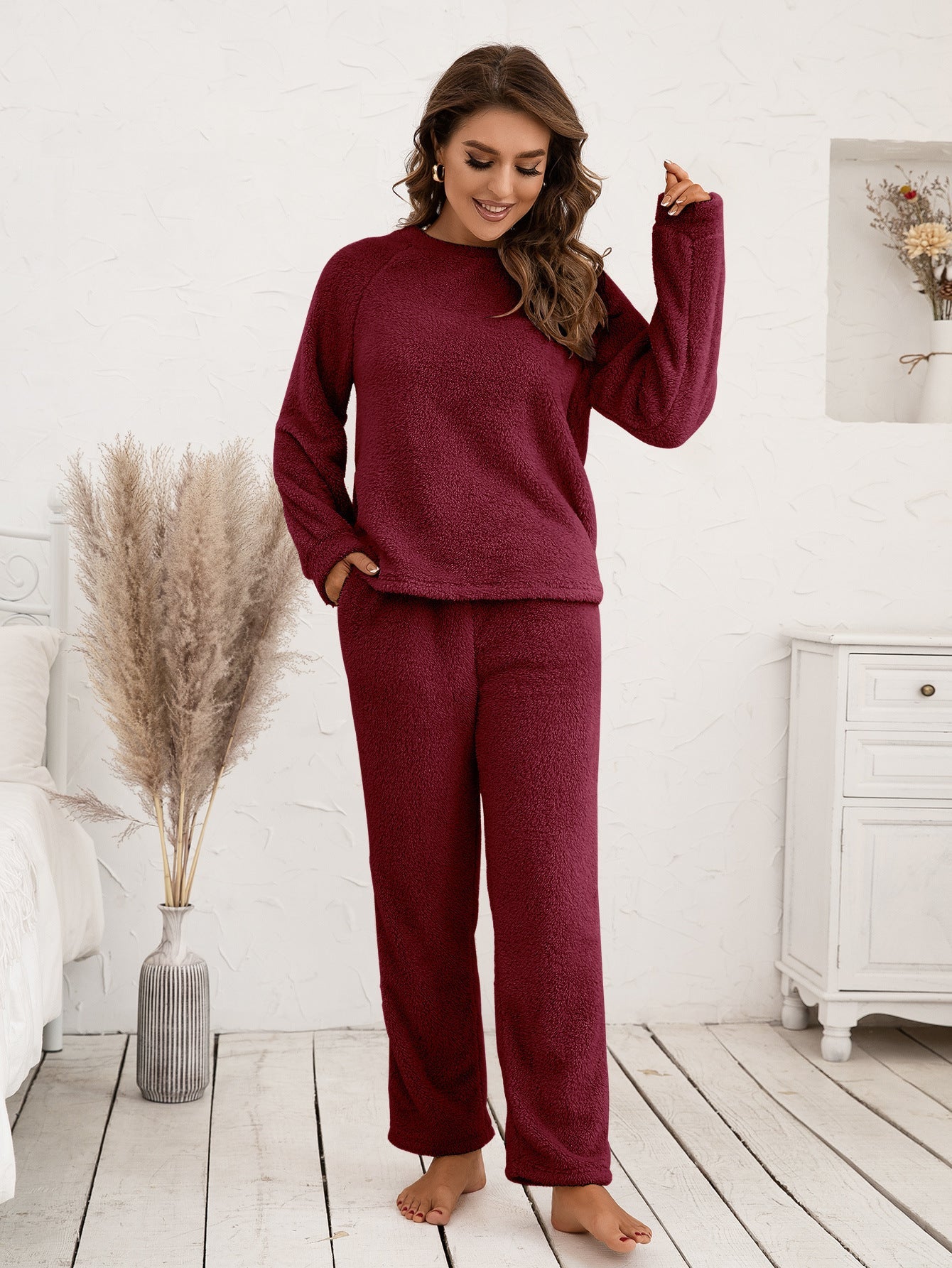 Teddy Long Sleeve Top and Pants Lounge Set BLUE ZONE PLANET