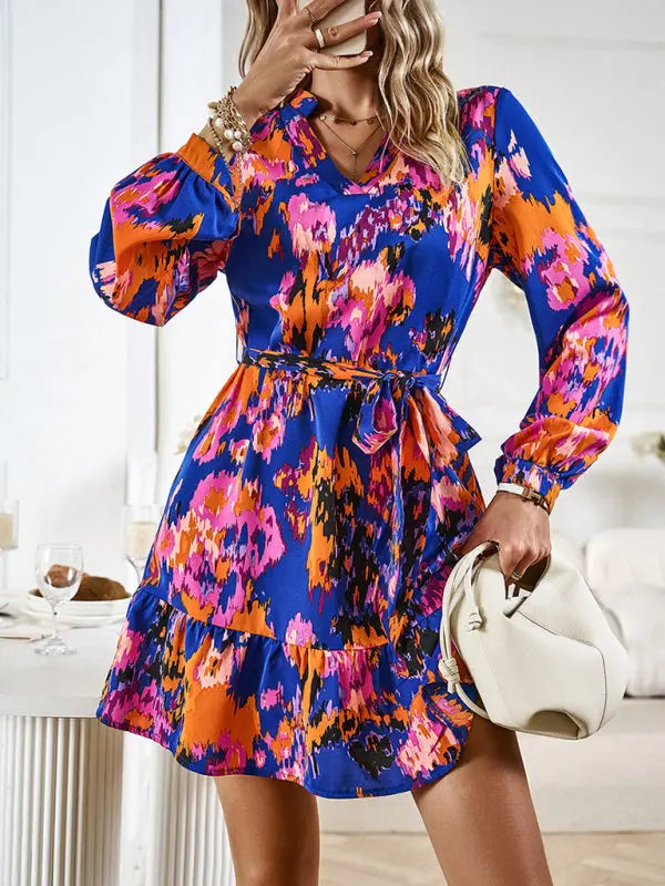 Temperament and elegant V-neck printed waist dress with belt BLUE ZONE PLANET