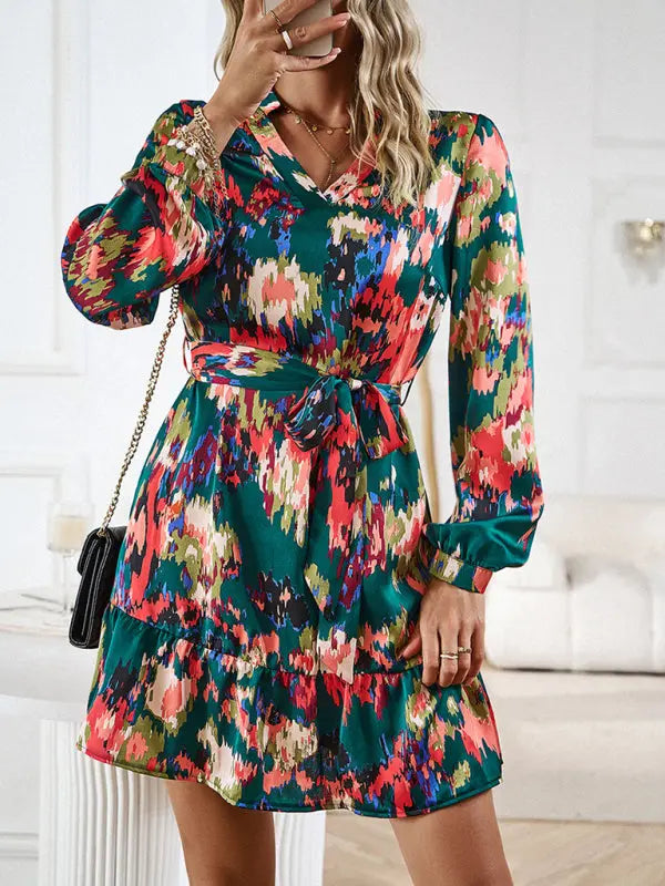 Temperament and elegant V-neck printed waist dress with belt BLUE ZONE PLANET