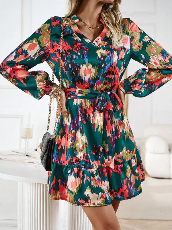 Temperament and elegant V-neck printed waist dress with belt BLUE ZONE PLANET