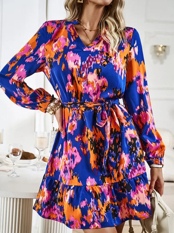 Temperament and elegant V-neck printed waist dress with belt BLUE ZONE PLANET