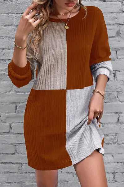 Textured Color Block Round Neck Dress BLUE ZONE PLANET