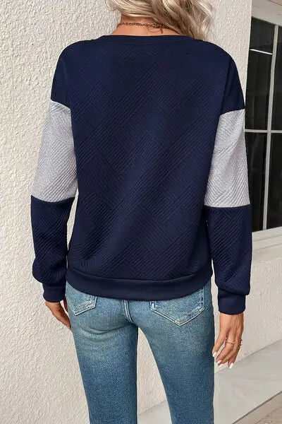 Textured Color Block Round Neck Sweatshirt BLUE ZONE PLANET