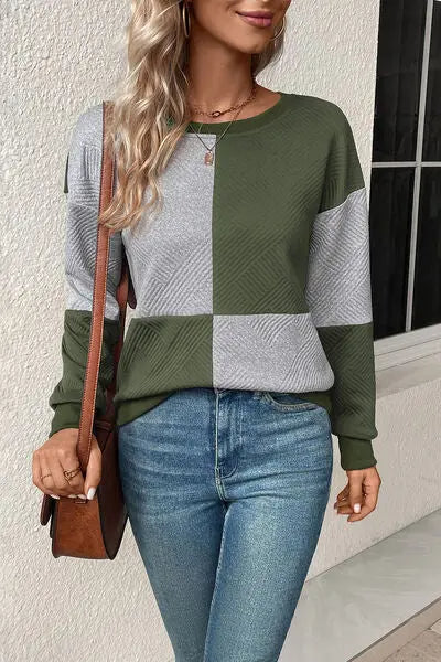 Textured Color Block Round Neck Sweatshirt BLUE ZONE PLANET