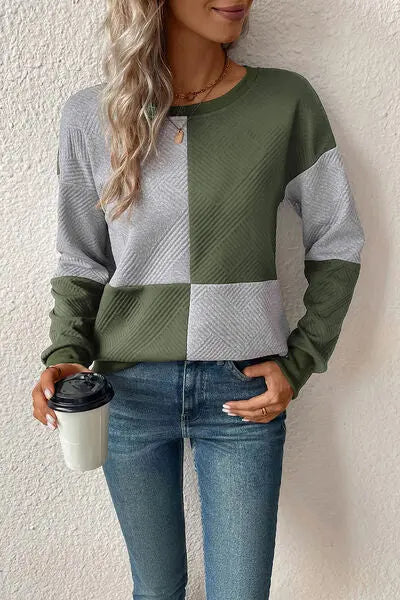 Textured Color Block Round Neck Sweatshirt BLUE ZONE PLANET