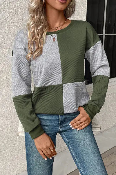 Textured Color Block Round Neck Sweatshirt BLUE ZONE PLANET