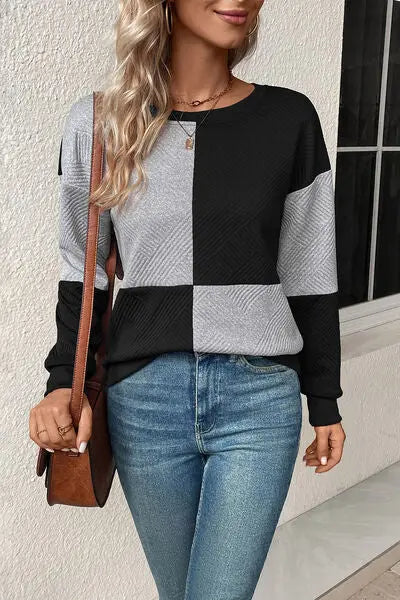 Textured Color Block Round Neck Sweatshirt BLUE ZONE PLANET