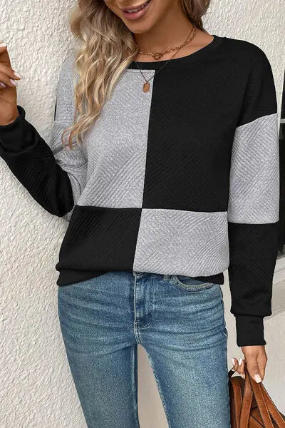 Textured Color Block Round Neck Sweatshirt BLUE ZONE PLANET