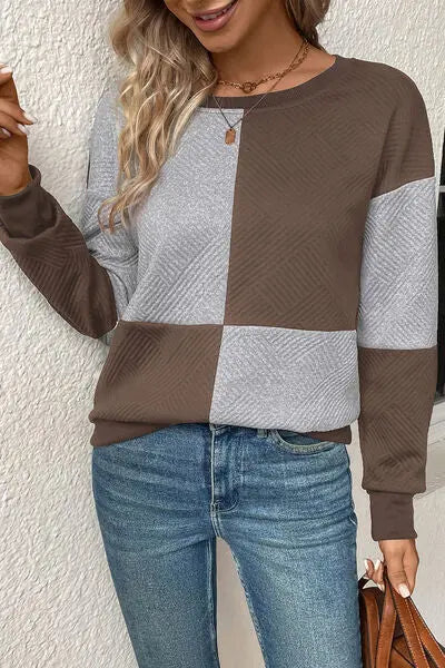 Textured Color Block Round Neck Sweatshirt BLUE ZONE PLANET