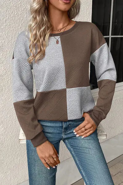 Textured Color Block Round Neck Sweatshirt BLUE ZONE PLANET