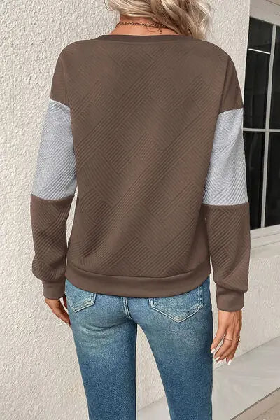 Textured Color Block Round Neck Sweatshirt BLUE ZONE PLANET