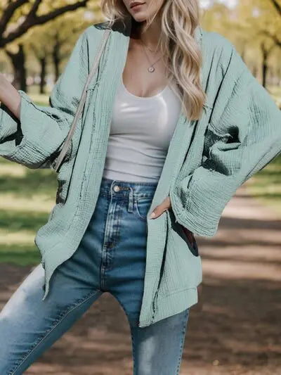 Textured Open Front Long Sleeve Cardigan Trendsi