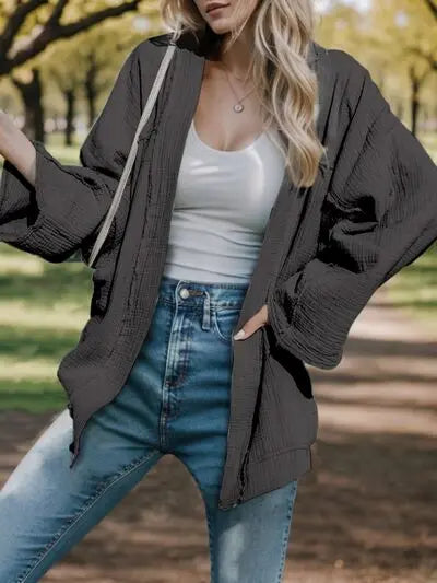 Textured Open Front Long Sleeve Cardigan Trendsi