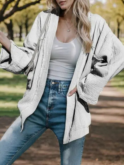 Textured Open Front Long Sleeve Cardigan Trendsi