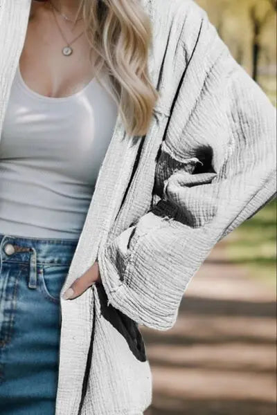 Textured Open Front Long Sleeve Cardigan Trendsi