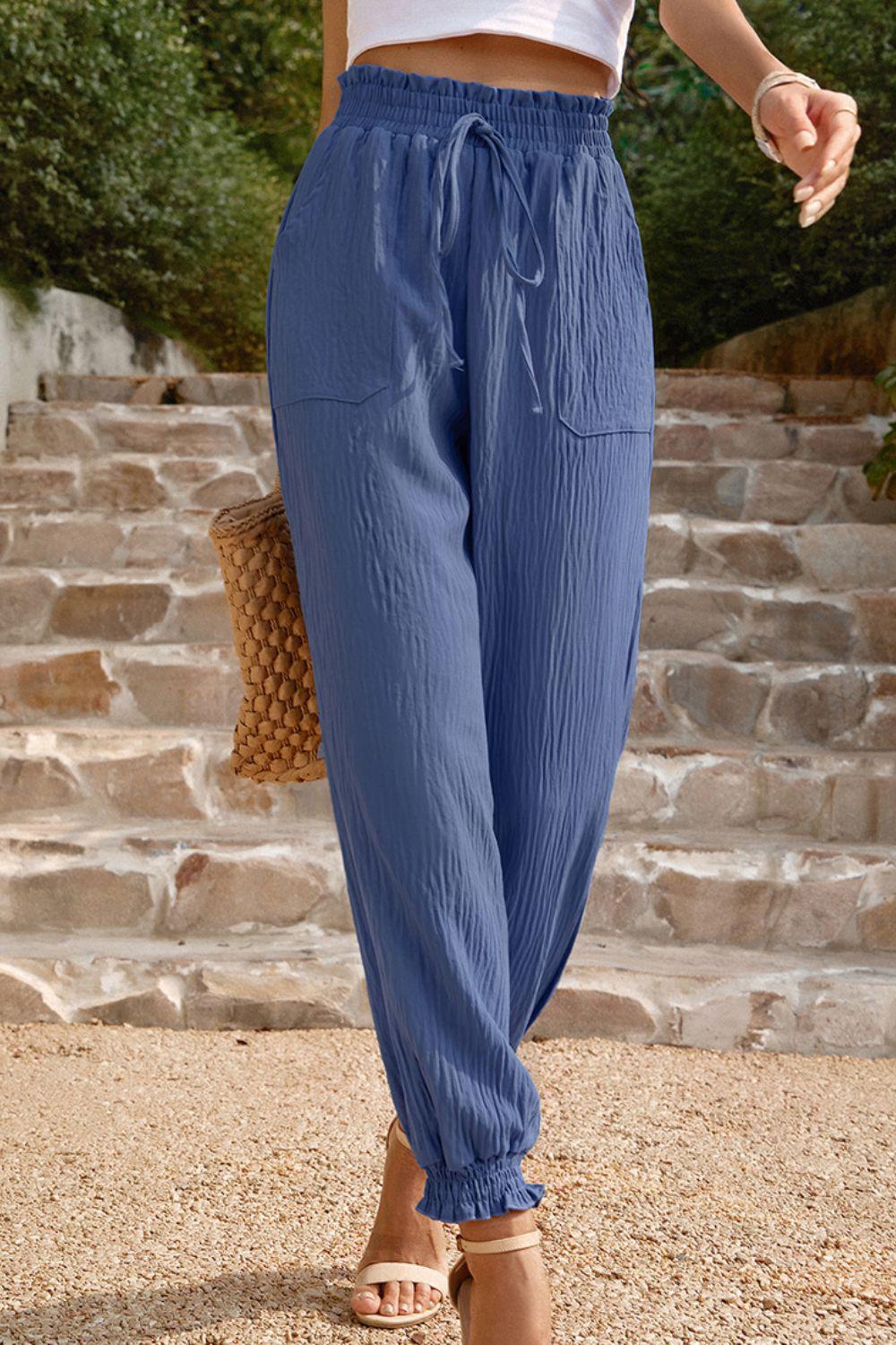 Textured Smocked Waist Pants with Pockets BLUE ZONE PLANET