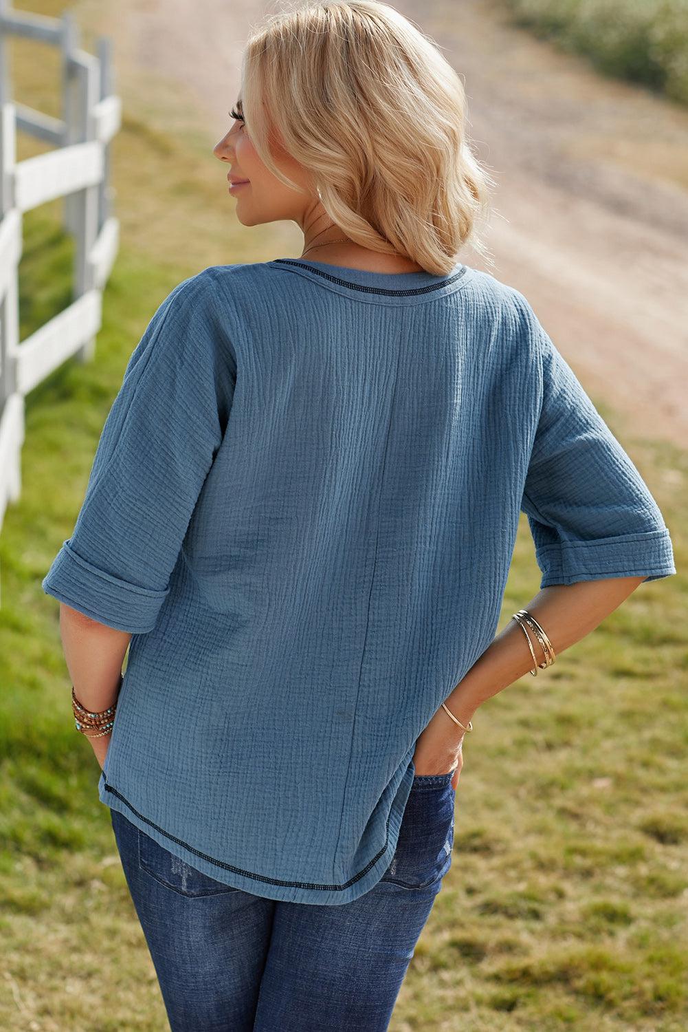 Textured V-Neck Half Sleeve Blouse BLUE ZONE PLANET