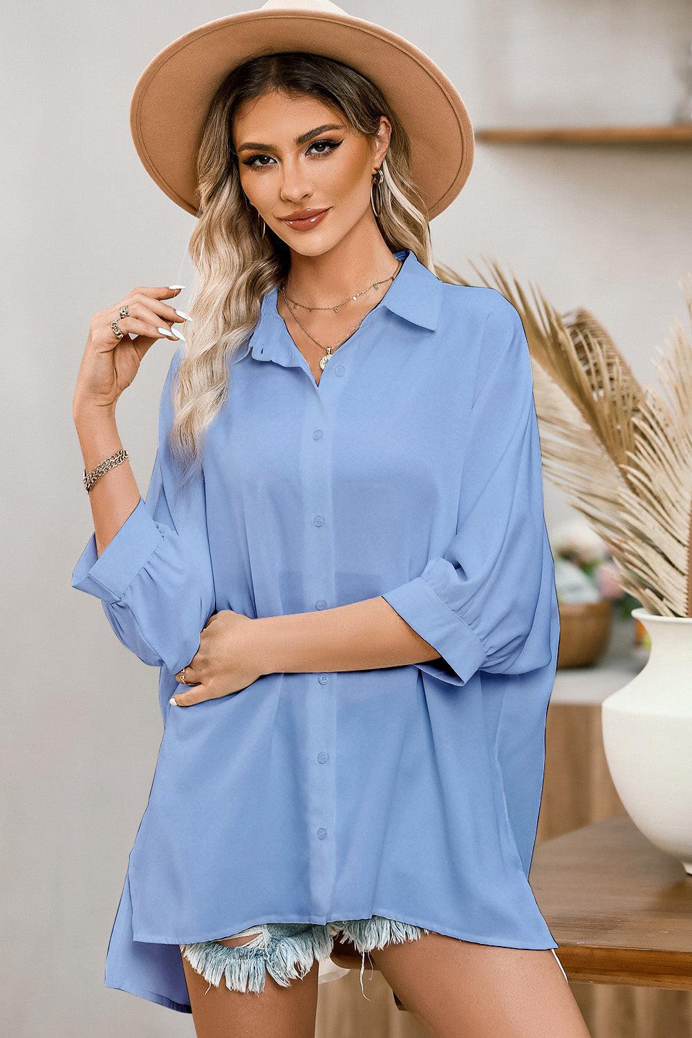 Three-Quarter Sleeve Slit Shirt BLUE ZONE PLANET