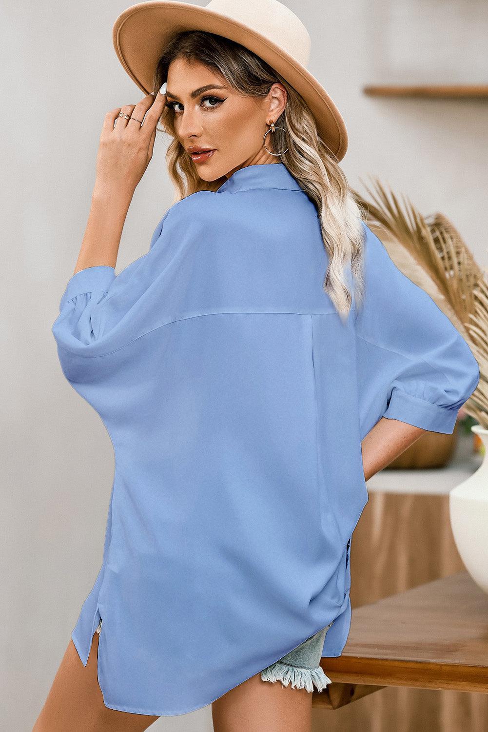 Three-Quarter Sleeve Slit Shirt BLUE ZONE PLANET