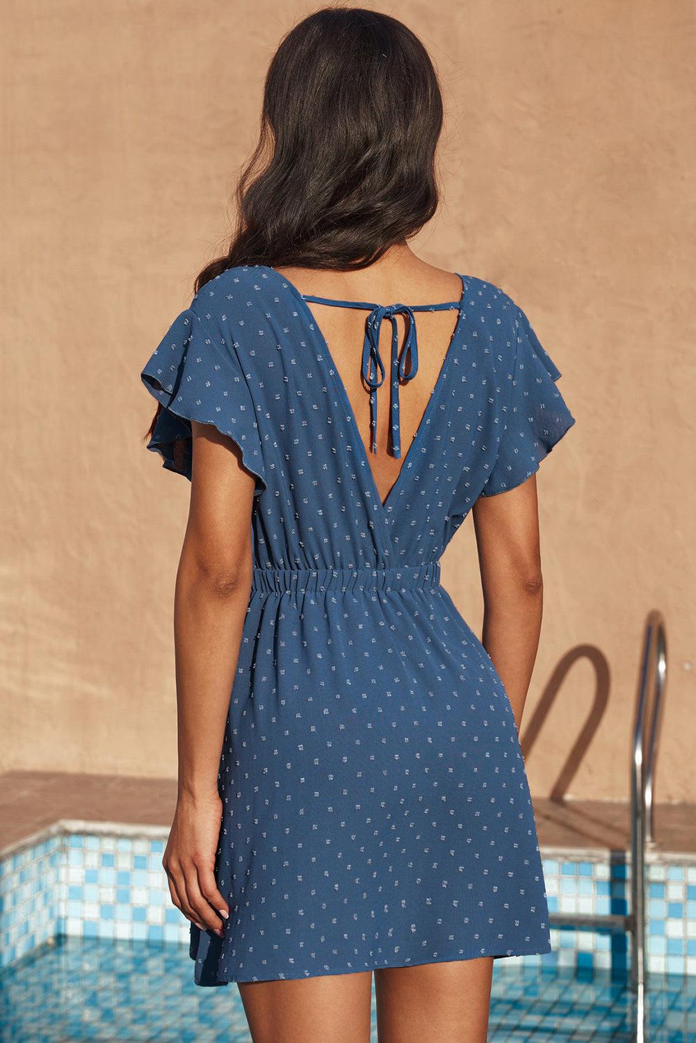 Tie Back Surplice Neck Flutter Sleeve Dress BLUE ZONE PLANET