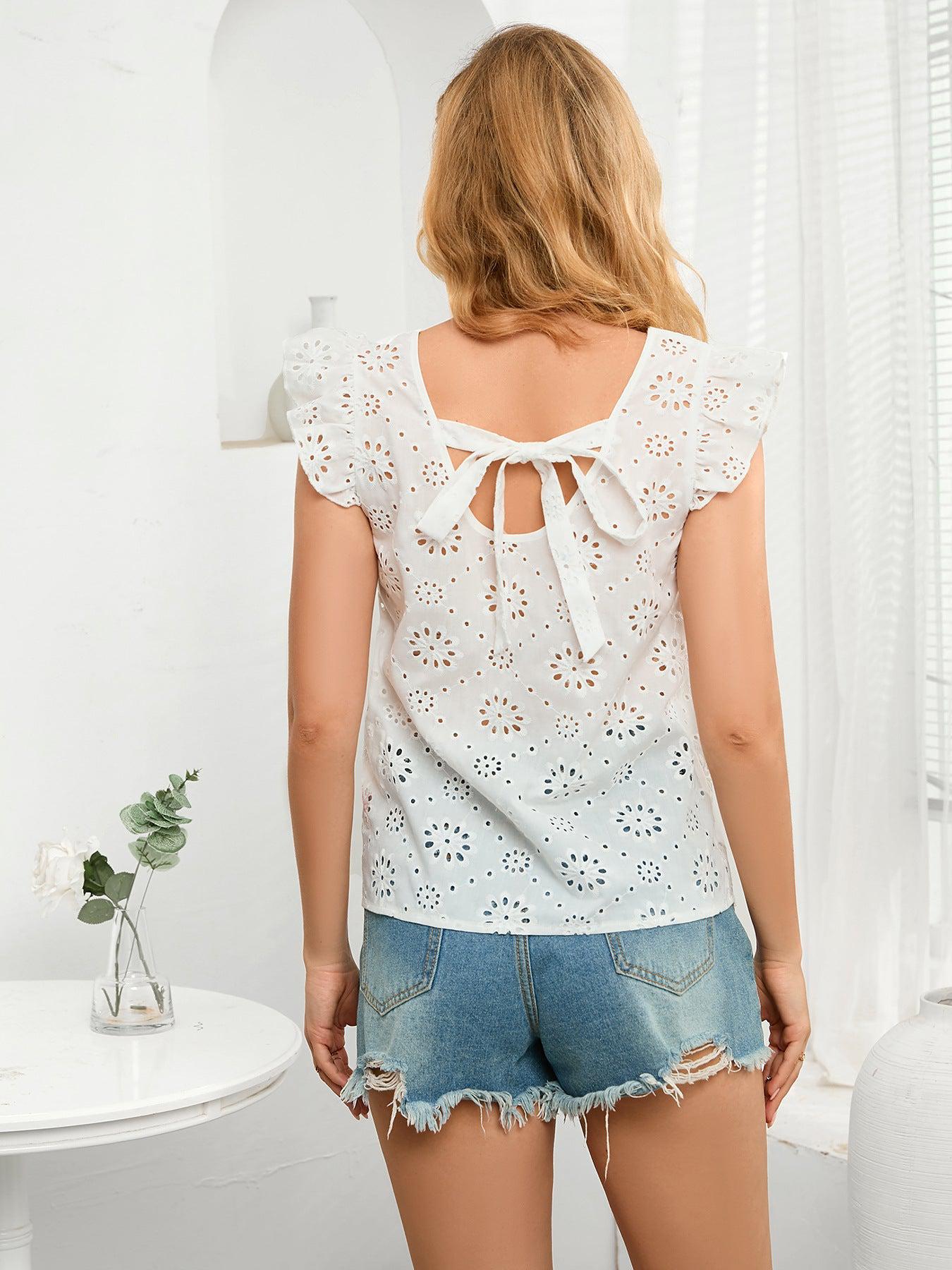 Tie Back V-Neck Eyelet Top BLUE ZONE PLANET