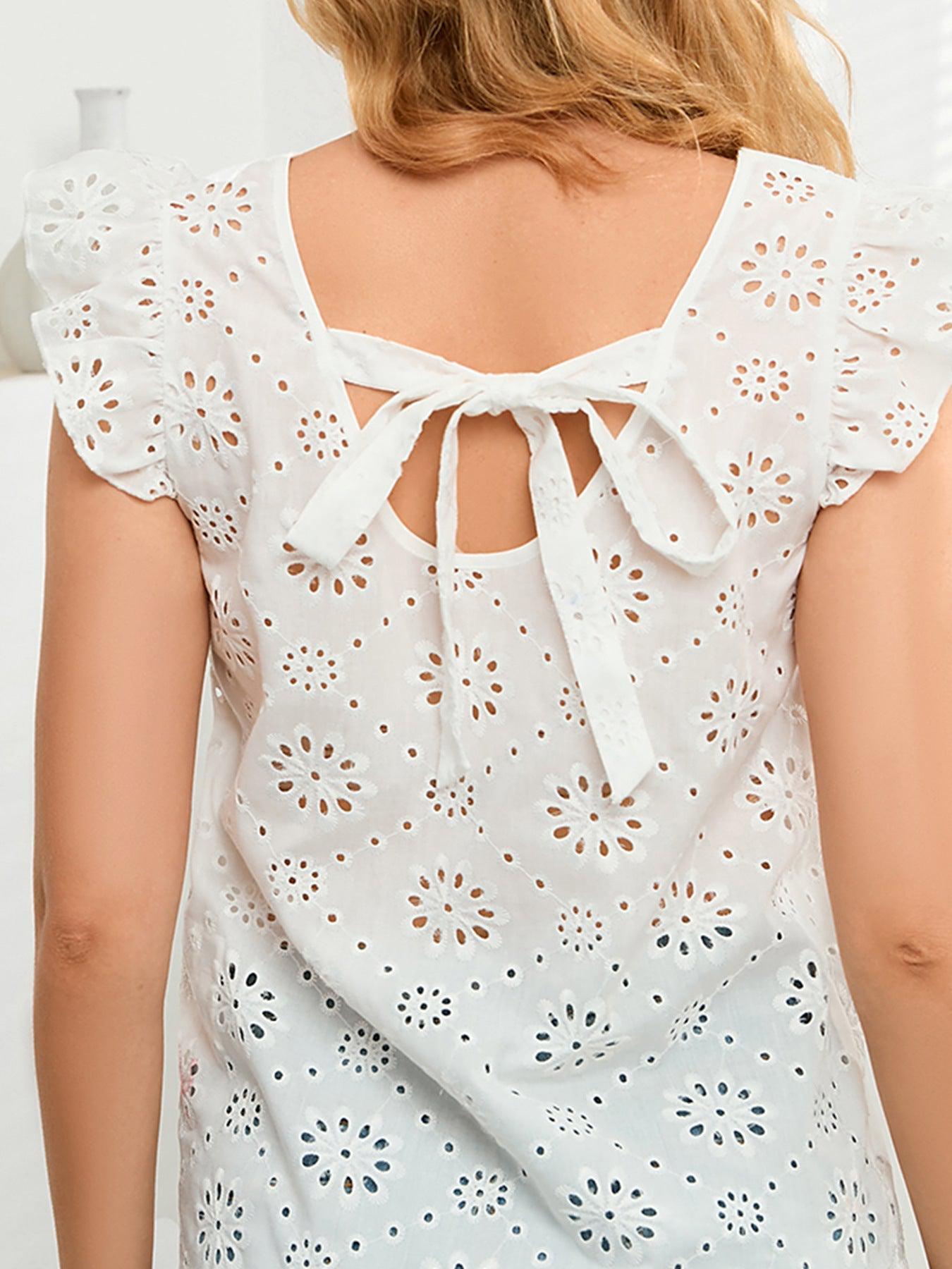 Tie Back V-Neck Eyelet Top BLUE ZONE PLANET