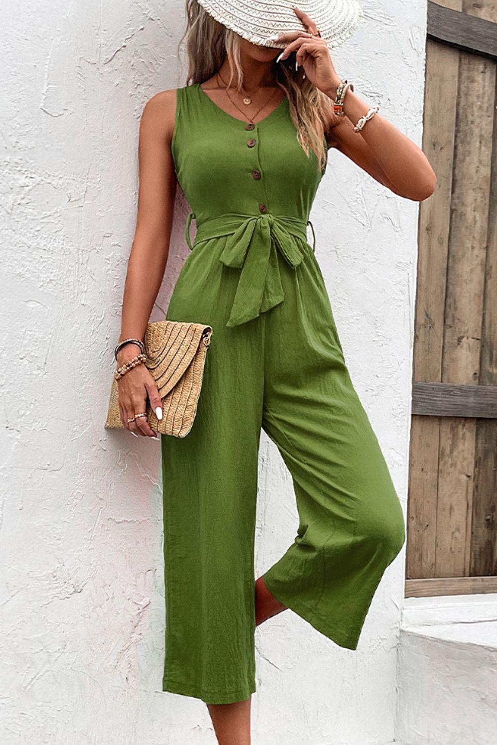 Tie Belt Sleeveless Jumpsuit with Pockets BLUE ZONE PLANET