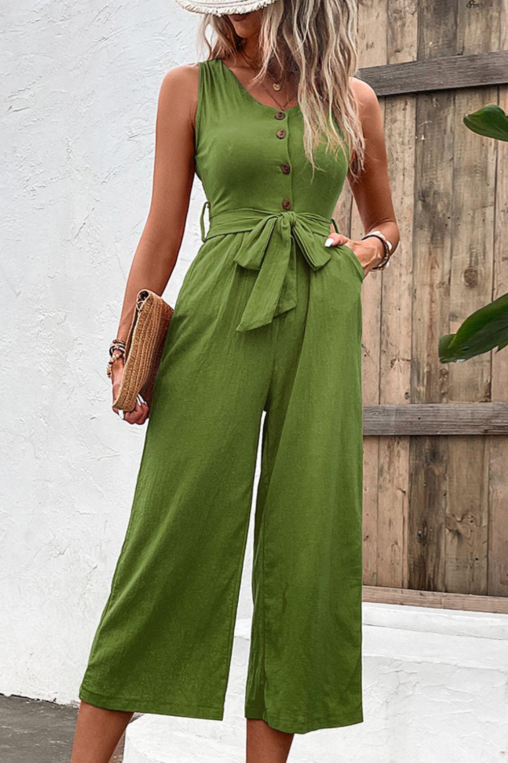 Tie Belt Sleeveless Jumpsuit with Pockets BLUE ZONE PLANET