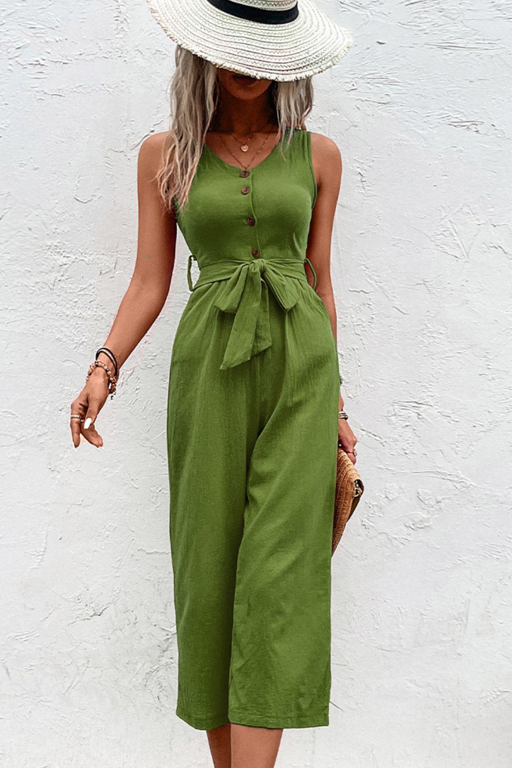 Tie Belt Sleeveless Jumpsuit with Pockets BLUE ZONE PLANET