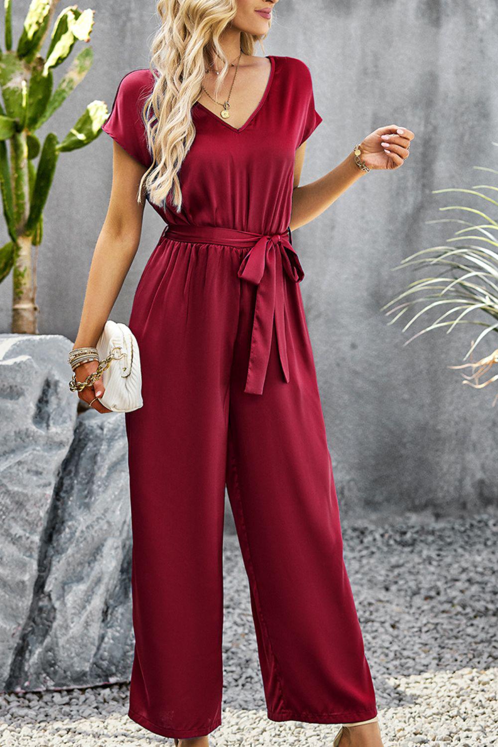 Tie Belt V-Neck Short Sleeve Jumpsuit BLUE ZONE PLANET