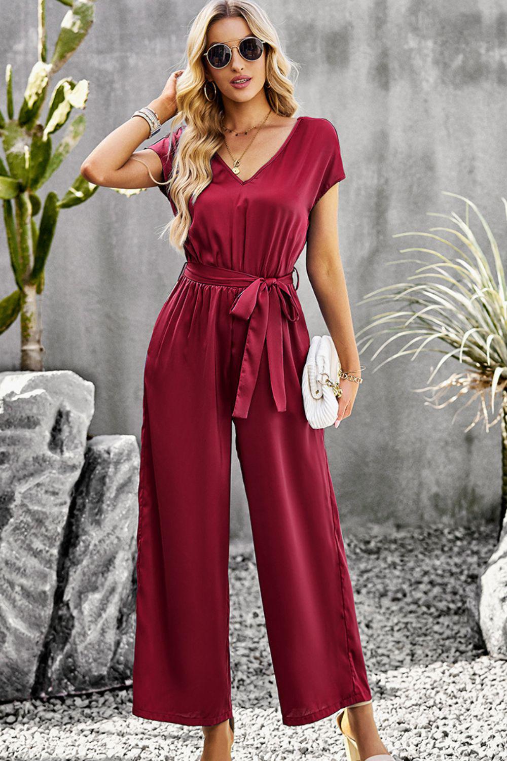 Tie Belt V-Neck Short Sleeve Jumpsuit BLUE ZONE PLANET