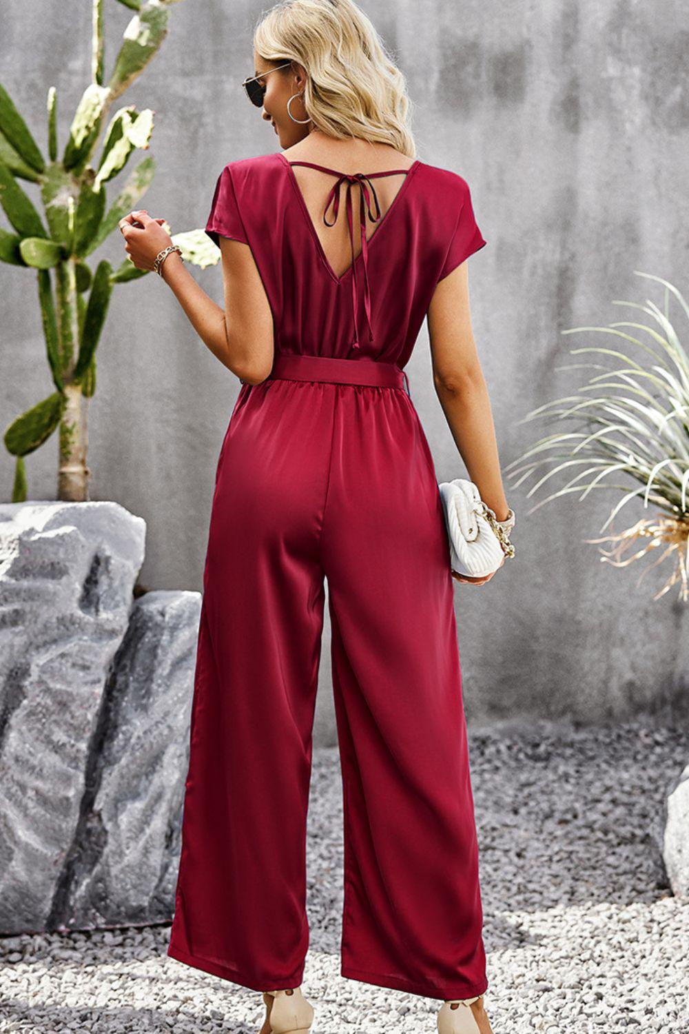 Tie Belt V-Neck Short Sleeve Jumpsuit BLUE ZONE PLANET