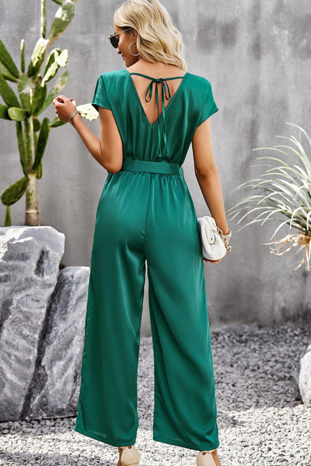 Tie Belt V-Neck Short Sleeve Jumpsuit BLUE ZONE PLANET