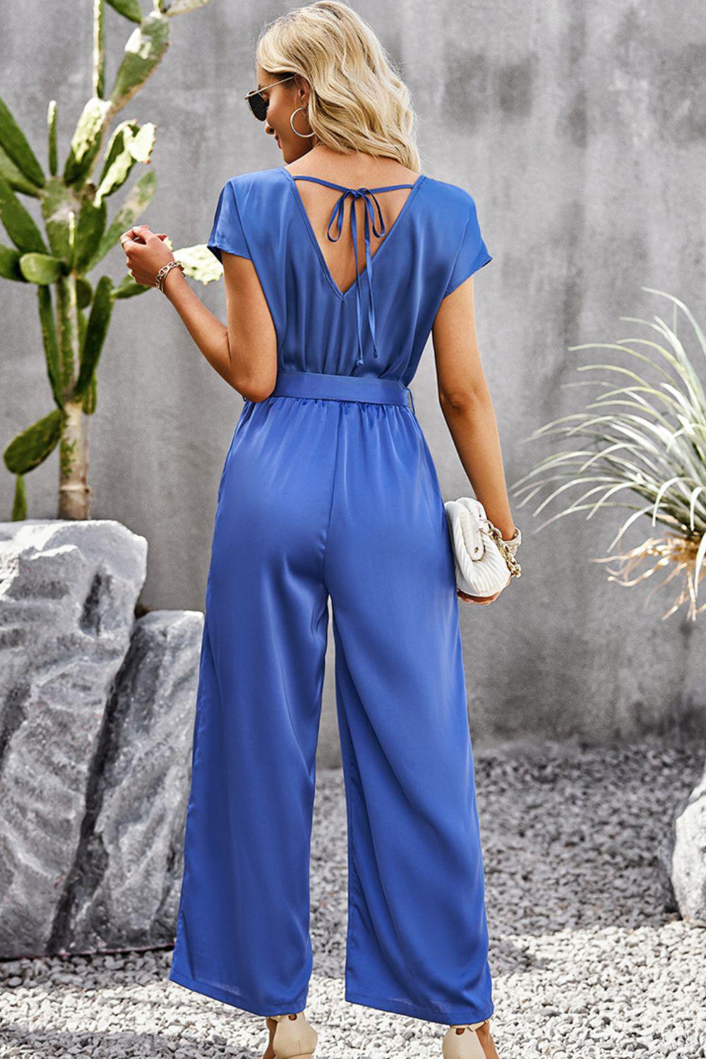 Tie Belt V-Neck Short Sleeve Jumpsuit BLUE ZONE PLANET