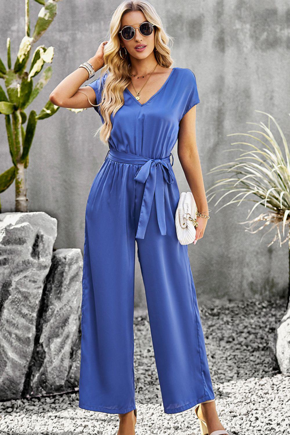 Tie Belt V-Neck Short Sleeve Jumpsuit BLUE ZONE PLANET