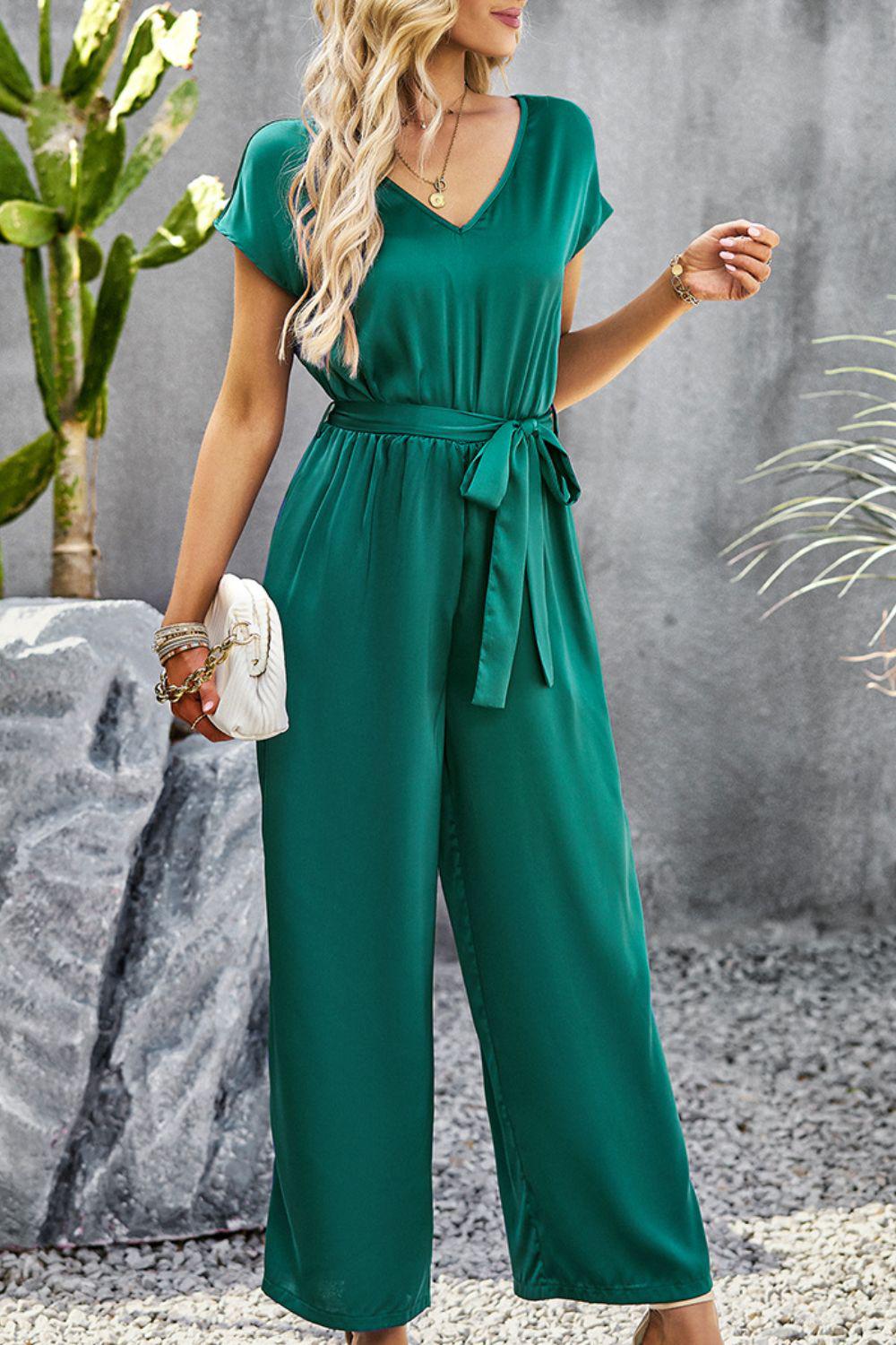 Tie Belt V-Neck Short Sleeve Jumpsuit BLUE ZONE PLANET