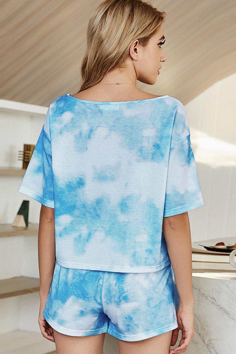 Tie-Dye Boat Neck Top and Shorts Lounge Set BLUE ZONE PLANET