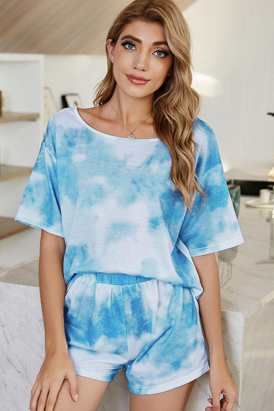 Tie-Dye Boat Neck Top and Shorts Lounge Set BLUE ZONE PLANET