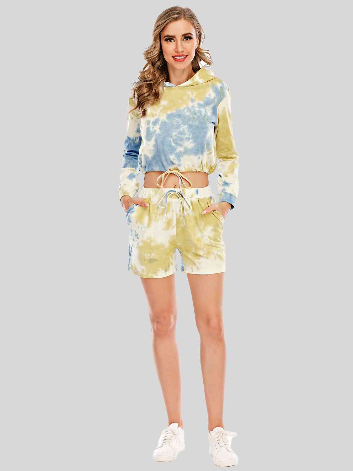Tie-Dye Drawstring Hooded Top and Shorts Set BLUE ZONE PLANET