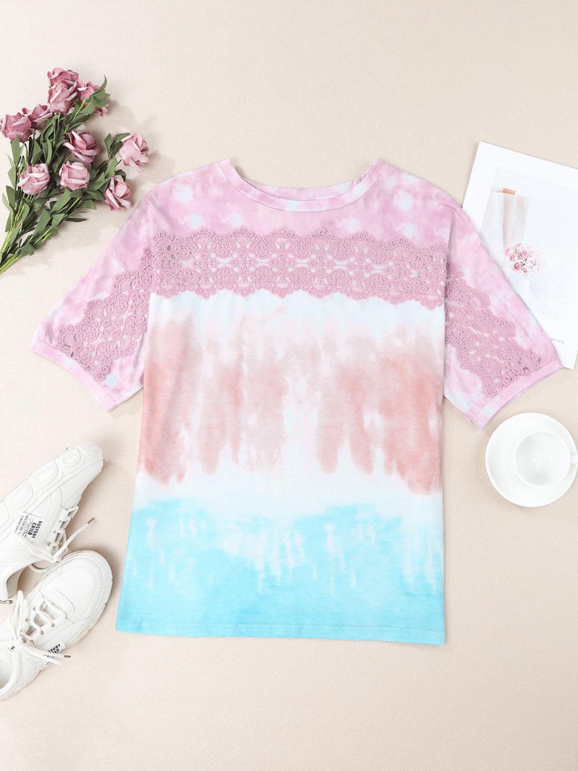 Tie-Dye Lace Trim Round Neck Top BLUE ZONE PLANET