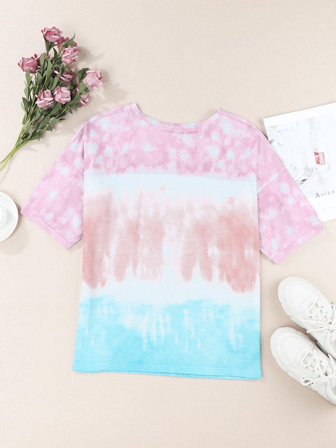 Tie-Dye Lace Trim Round Neck Top BLUE ZONE PLANET