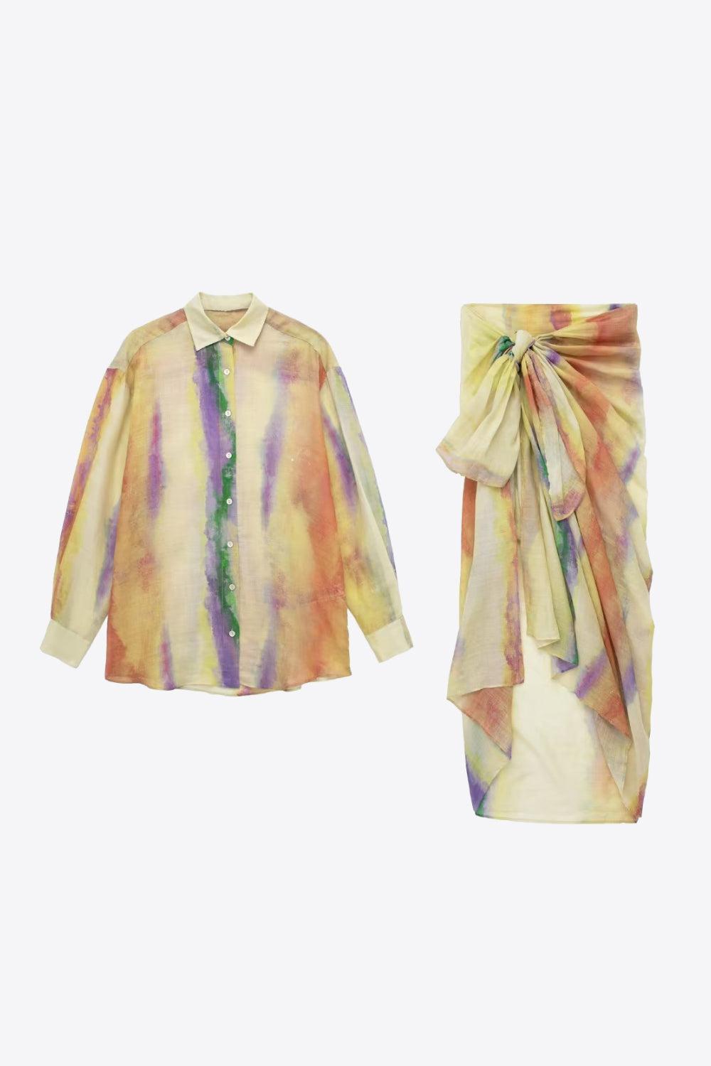 Tie-Dye Long Sleeve Shirt and Tied Skirt Set BLUE ZONE PLANET