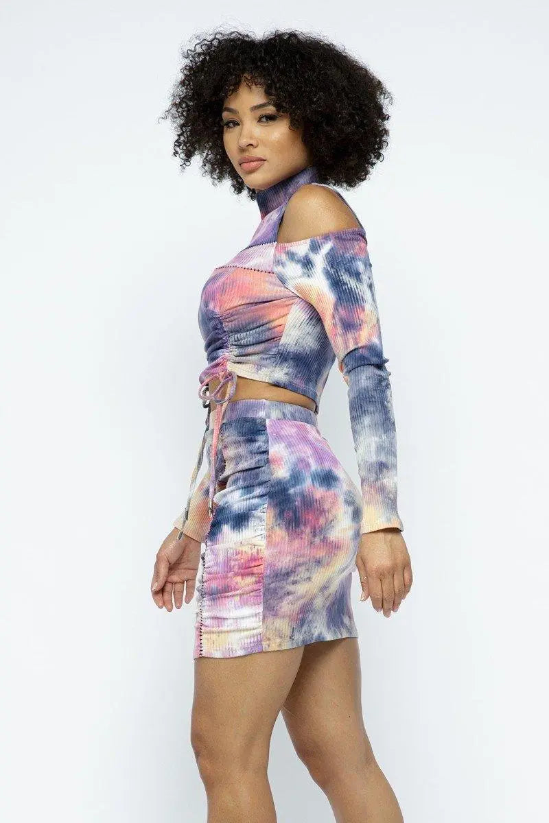 Tie-Dye Open Shoulder Long Sleeve Top And Matching Skirt with Ruching Details Blue Zone Planet