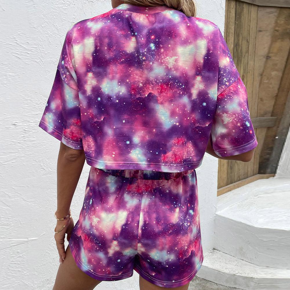 Tie Dye Round Neck Dropped Shoulder Half Sleeve Top and Shorts Set BLUE ZONE PLANET