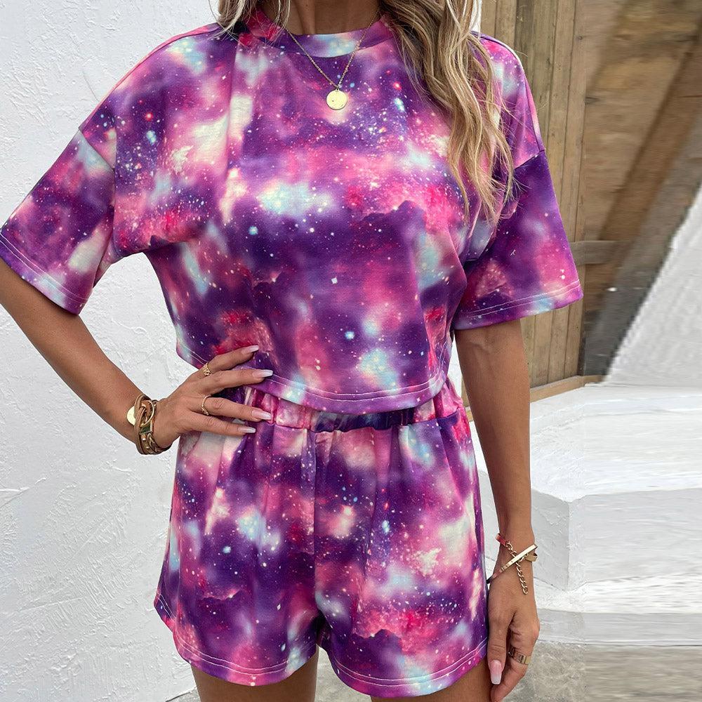 Tie Dye Round Neck Dropped Shoulder Half Sleeve Top and Shorts Set BLUE ZONE PLANET