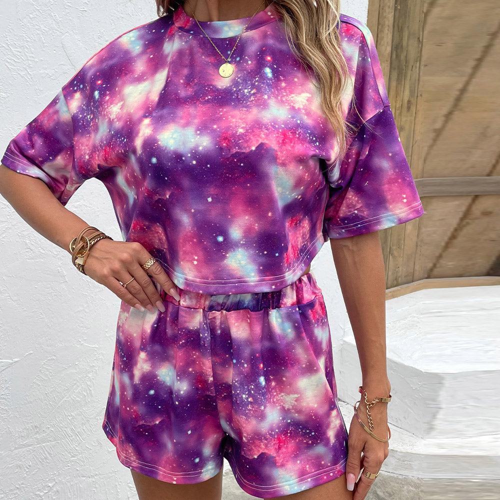 Tie Dye Round Neck Dropped Shoulder Half Sleeve Top and Shorts Set BLUE ZONE PLANET