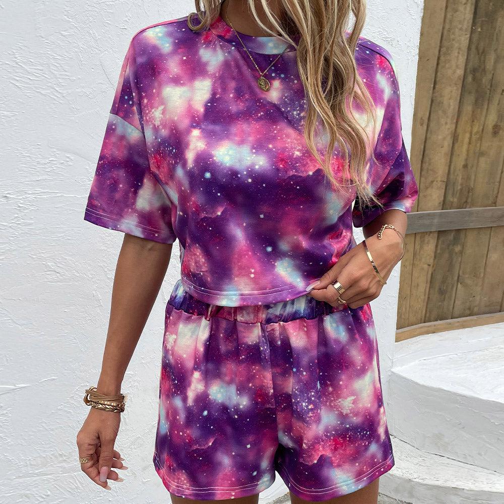 Tie Dye Round Neck Dropped Shoulder Half Sleeve Top and Shorts Set BLUE ZONE PLANET