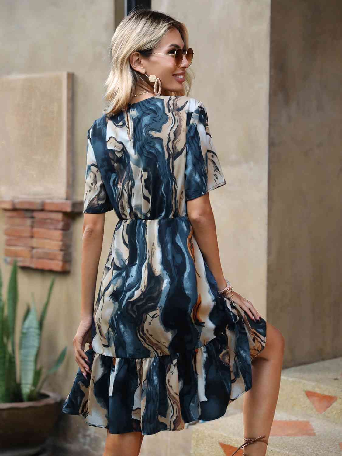 Tie-Dye Round Neck Ruffle Hem Dress BLUE ZONE PLANET