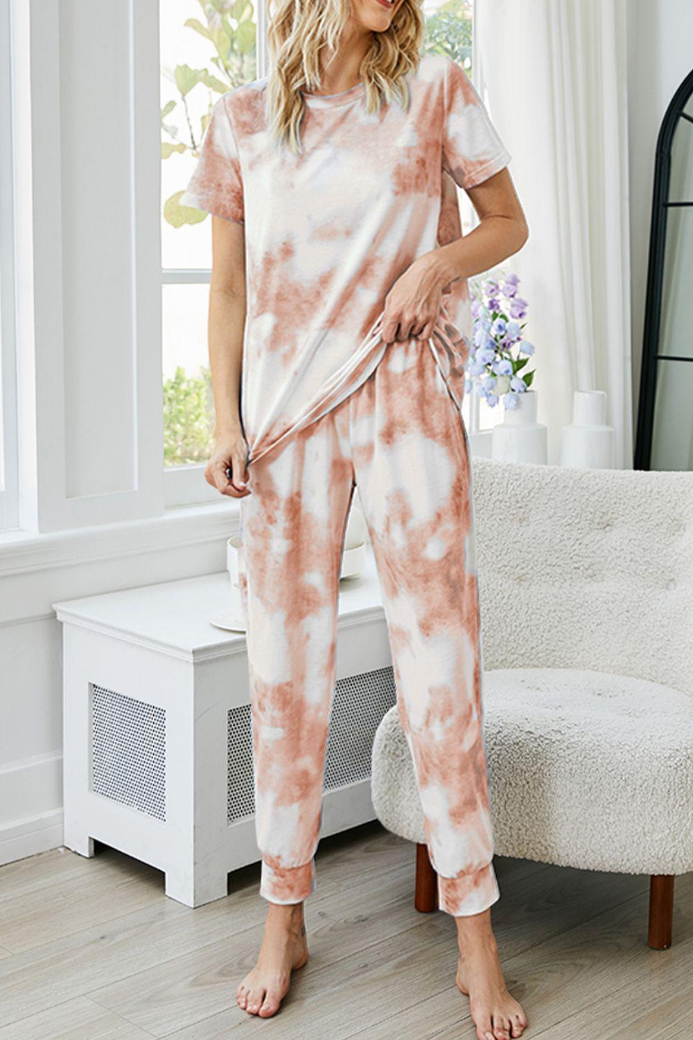 Tie-Dye Round Neck Short Sleeve Top and Pants Lounge Set BLUE ZONE PLANET