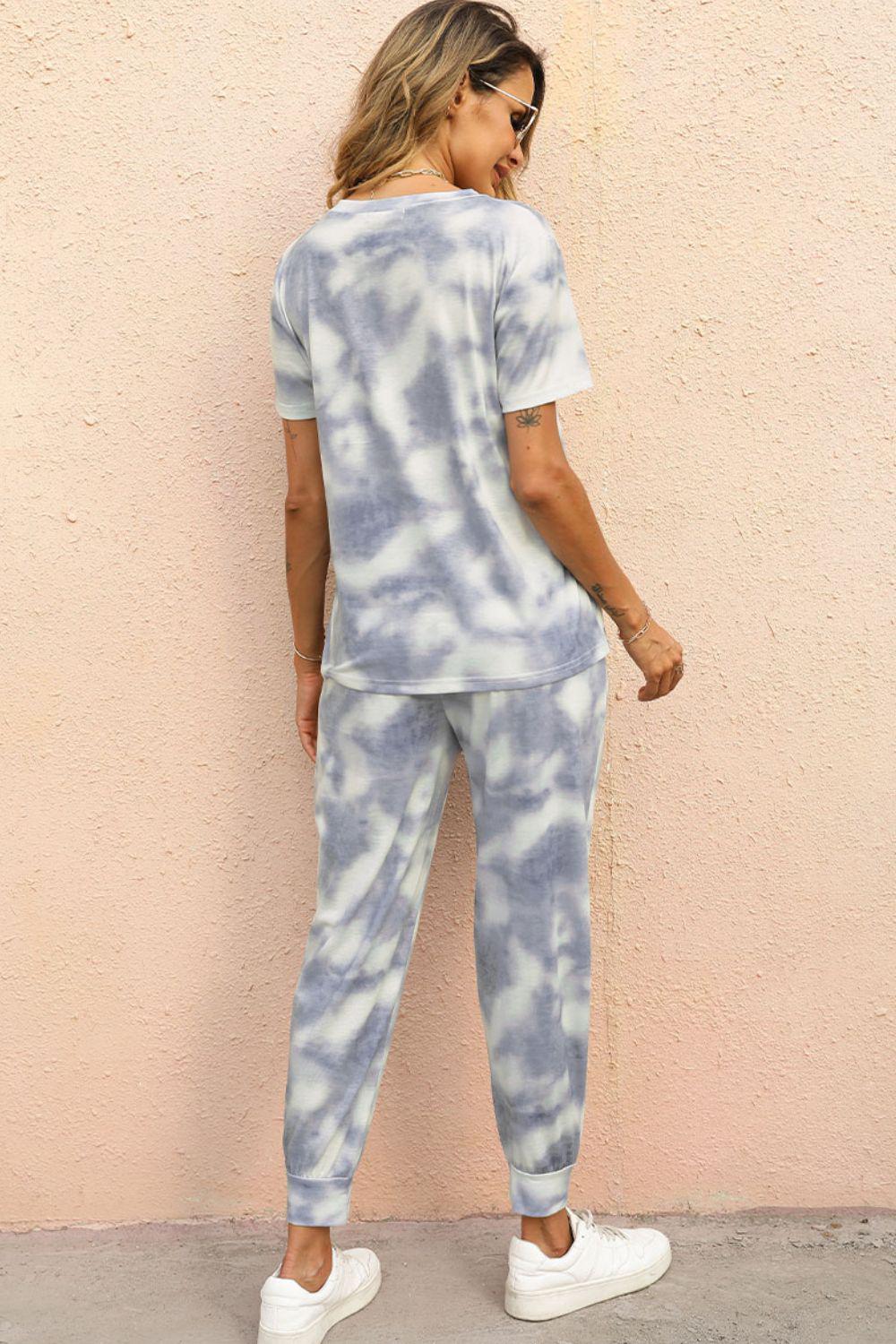 Tie-Dye Round Neck Short Sleeve Top and Pants Set BLUE ZONE PLANET